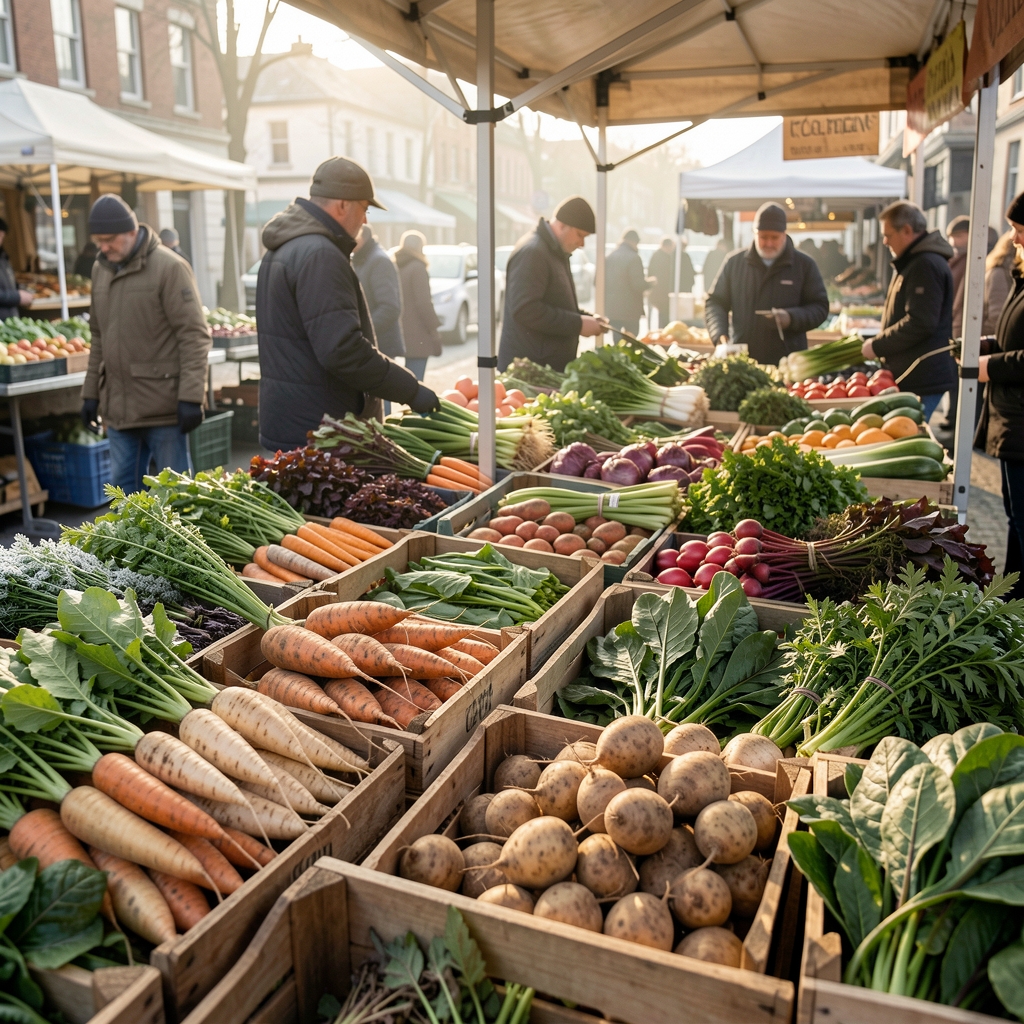 Market produce stall in early morning showing fresh seasonal root vegetables and winter greens in wooden crates