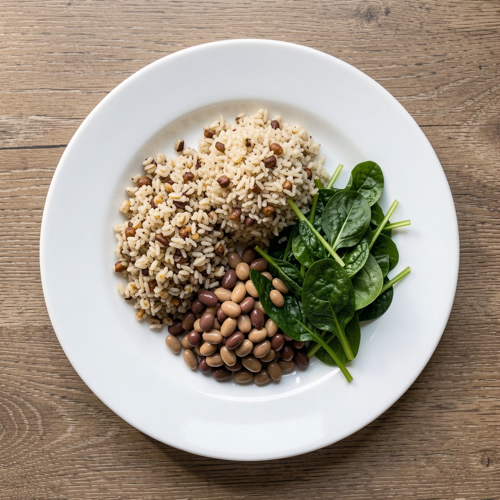 Overhead view of a well-structured meal on a white plate with portions of grains, legumes, and leafy greens, daylight